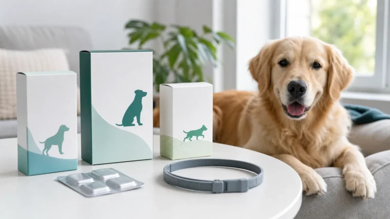Antipulgas para cães com caixas genéricas, coleira e cachorro ao fundo