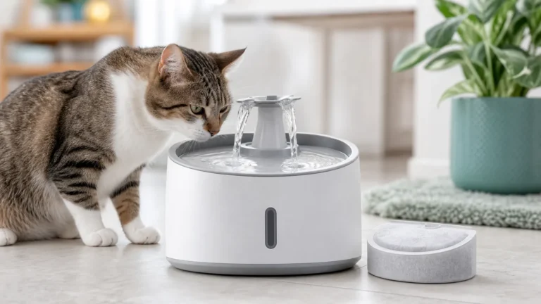 Fonte de água para gatos com gato bebendo em ambiente limpo