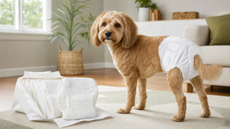 Cachorro usando fralda descartável ao lado de pacote de fraldas para escolher o tamanho correto
