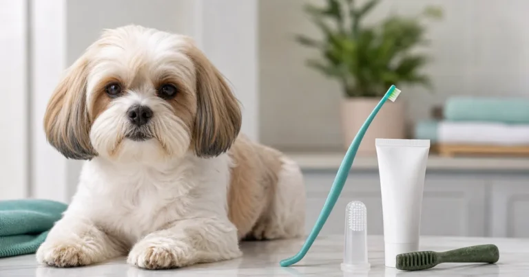 Cachorro ao lado de escova, dedeira, pasta dental pet e petisco para higiene bucal
