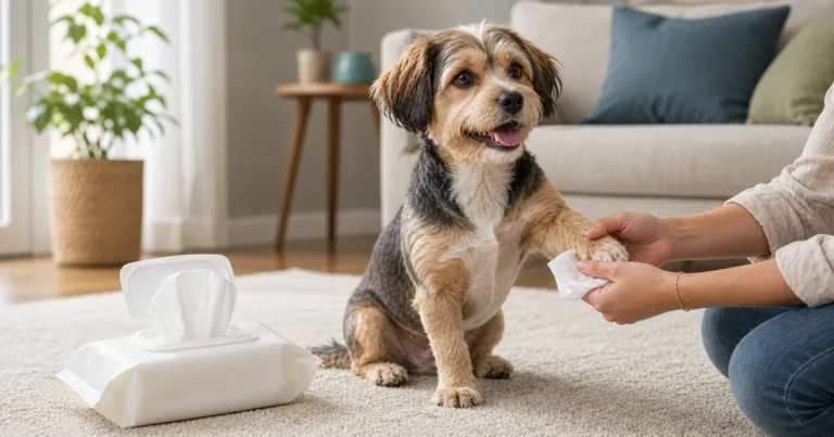 Cachorro tem a pata limpa com lenço umedecido próprio para pets ao lado de embalagem sem marca