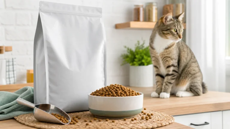 Ração para gatos castrados com tigela de grãos e embalagem neutra