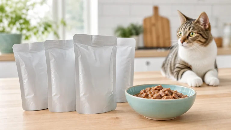 Sachê para gatos com tigela de alimento úmido e embalagens sem marca