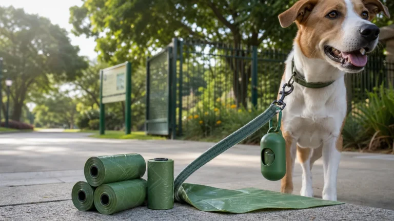 Cachorro durante passeio ao lado de dispenser e rolos de saco cata-caca