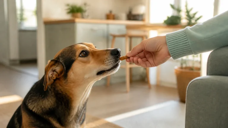 Cachorro recebendo petisco bifinho da mão do tutor, guia de compra InformaPet