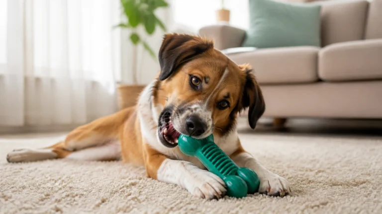Cachorro brincando com brinquedo mordedor em casa, guia de compra InformaPet