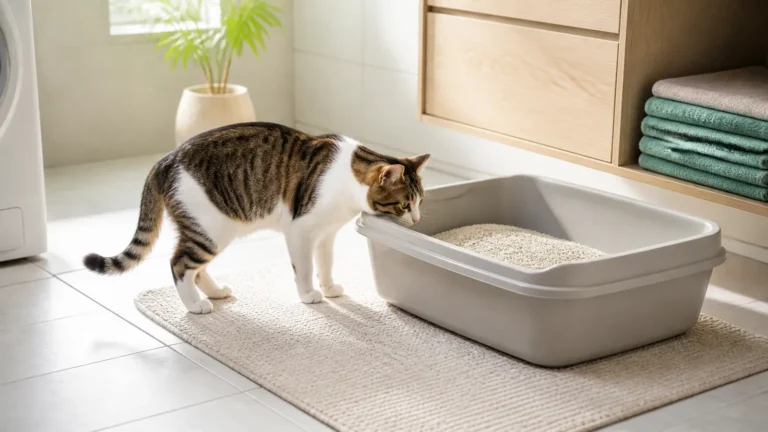 Gato próximo à caixa de areia em ambiente doméstico limpo, guia de compra InformaPet