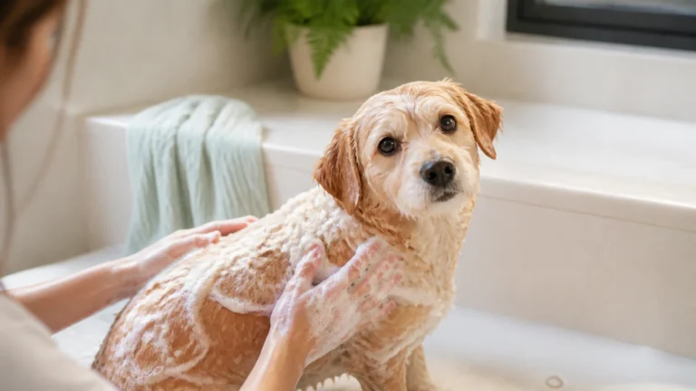 Cachorro tomando banho com shampoo pet em casa, guia de compra InformaPet