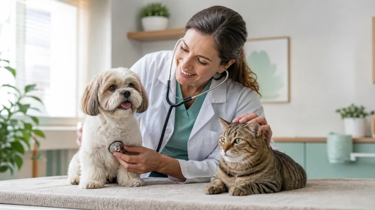 Cão e gato saudáveis em consulta veterinária tranquila, guia de compra InformaPet